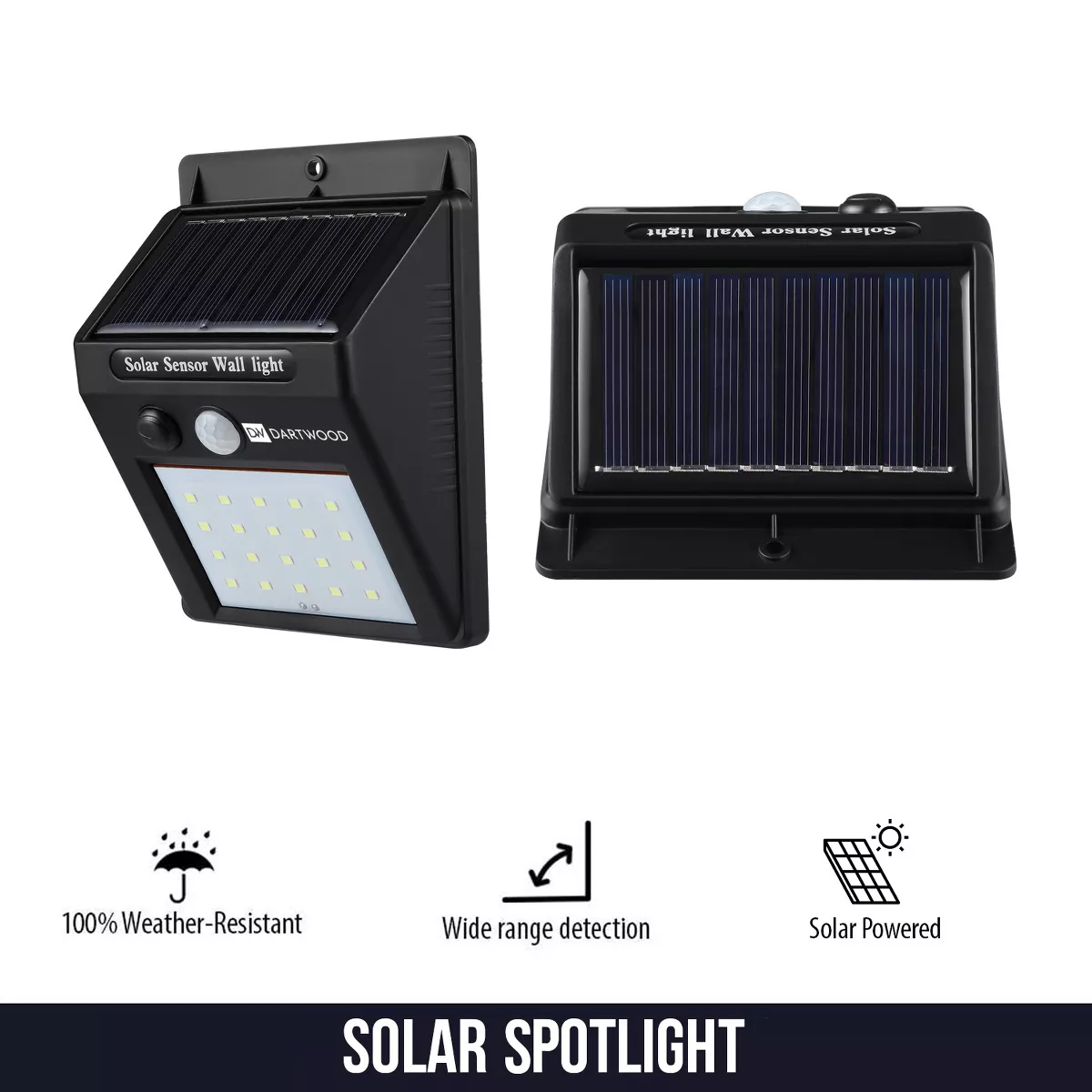 Dartwood Outdoor Solar Lights with Motion Sensor, 20 LED, 150 Lumens Bright Weatherproof Wall Spotlight for Gardens Porches Walkways Patios (2 Pack)