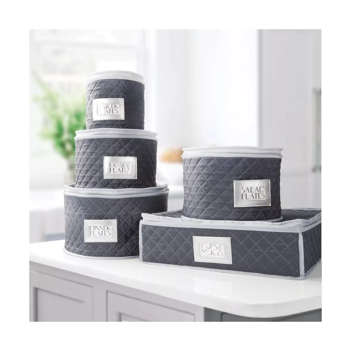 mDesign Quilted Protective Dinnerware Storage, 5 Piece Set - Navy Blue/Gray