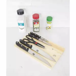 Home Basics Essentials Series 5 Piece Stainless Steel Knife Set with All Natural Wood Cutting Board