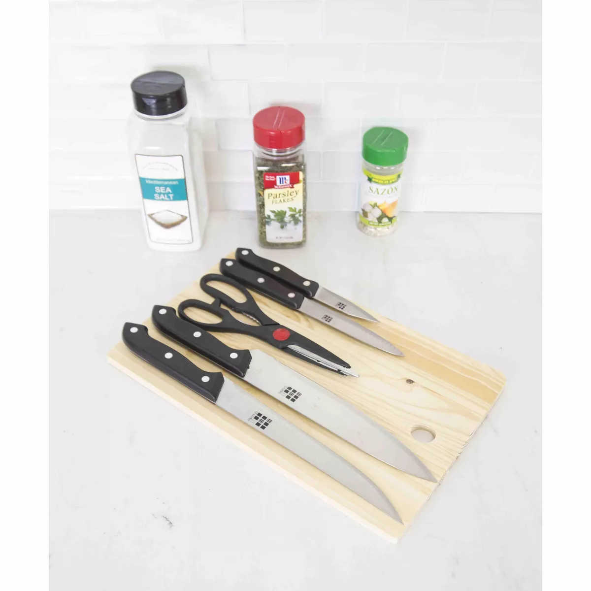 Home Basics Essentials Series 5 Piece Stainless Steel Knife Set with All Natural Wood Cutting Board