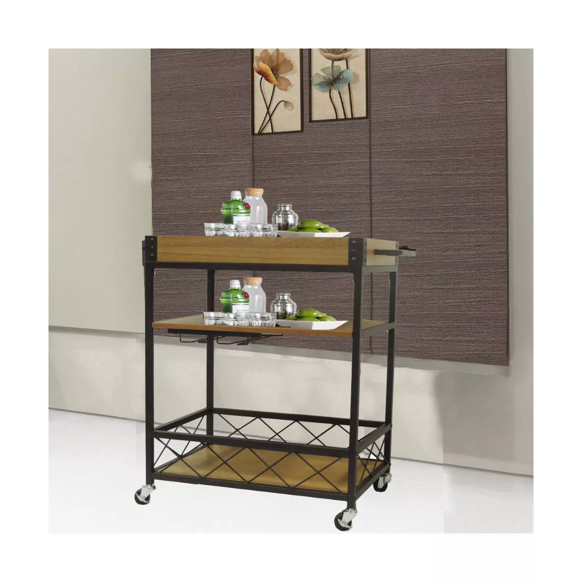 Kitchen Mobile Serving Bar Cart with Shelves and Wine Glass Holder Black/Brown - Benzara