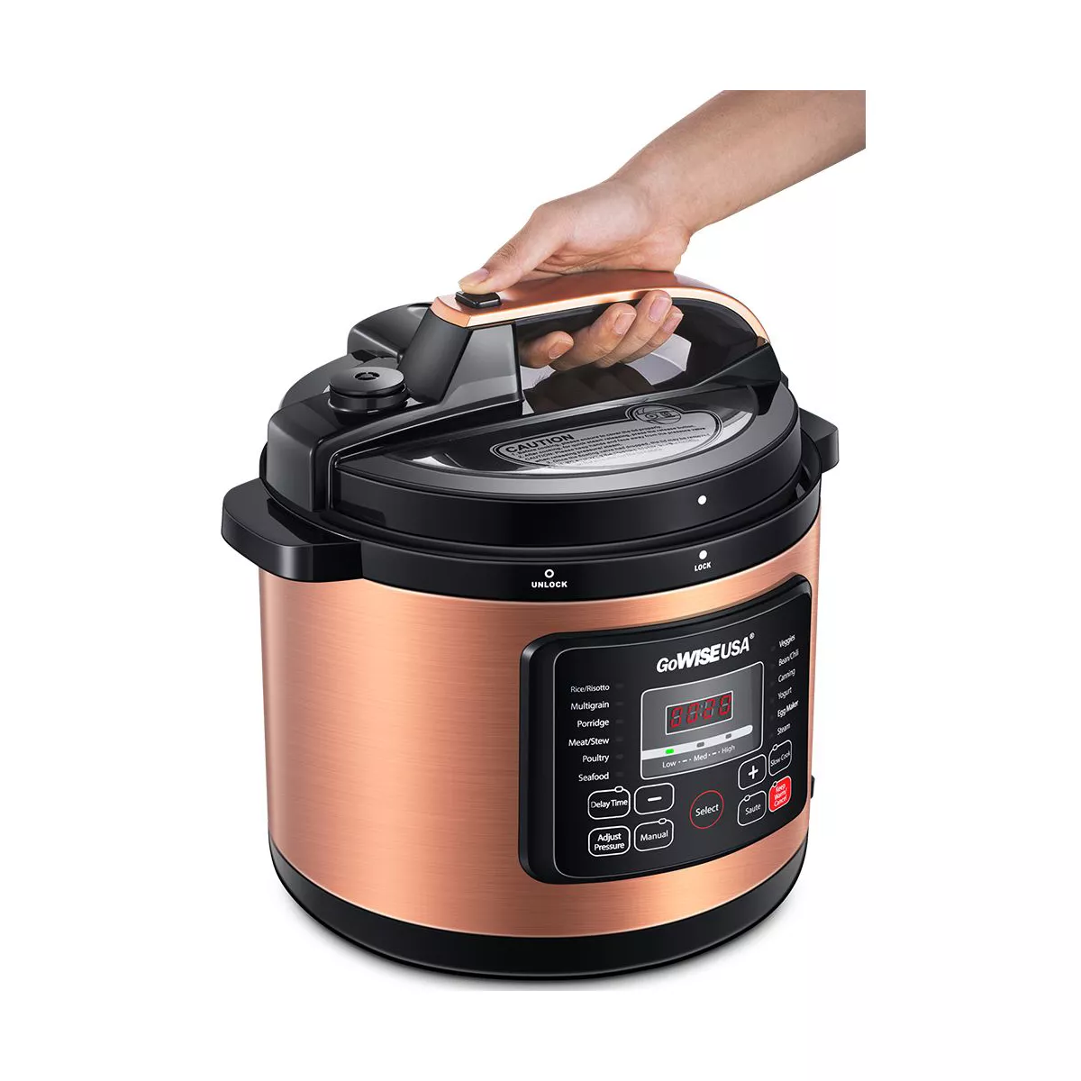 GoWISE USA 8-Quart 12-in-1 Electric Pressure Cooker, Ceramic Pot, Rack, Basket, Measuring Cup, Spoon, and 50-Recipe Book, Copper