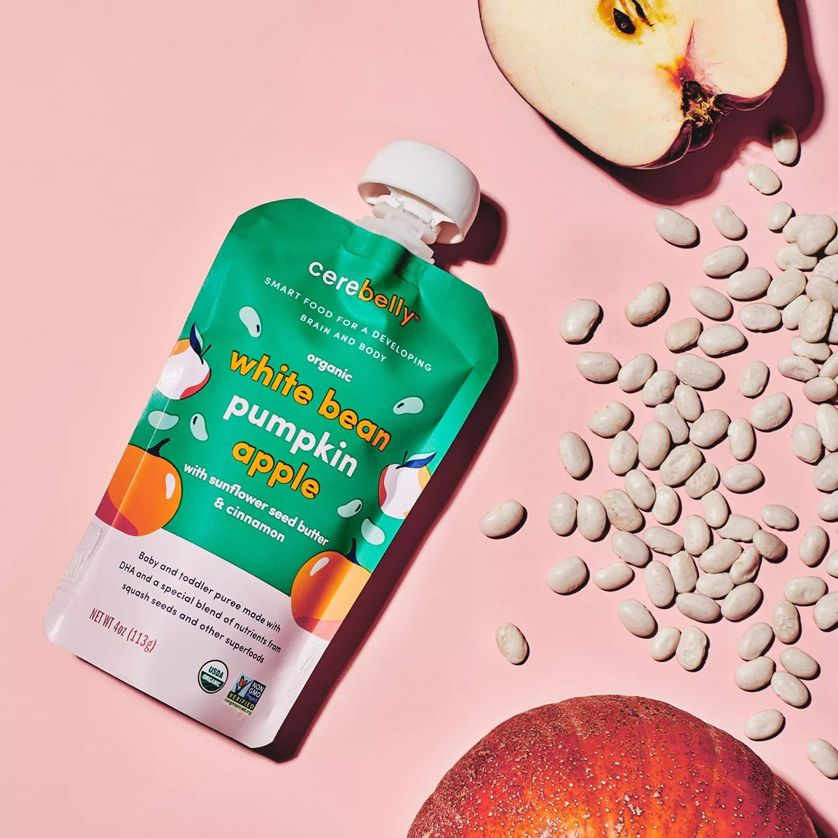 Cerebelly Clean Label Project Purity Award Winning, White Bean Pumpkin Apple Organic Baby Food Pouch - 4oz