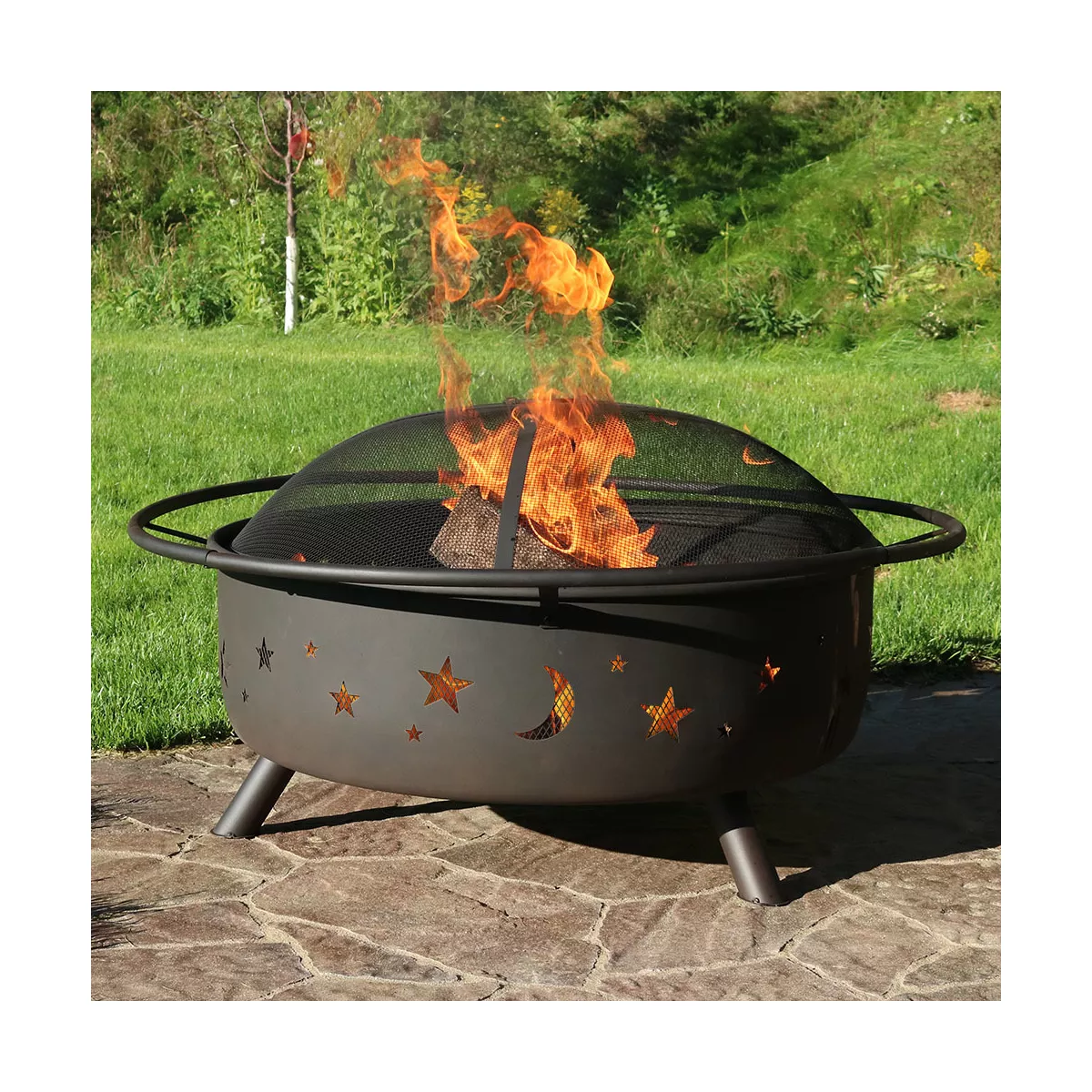 Sunnydaze Outdoor Camping or Backyard Steel Round Cosmic Fire Pit with Spark Screen, Log Poker, and Wood Grate - 42
