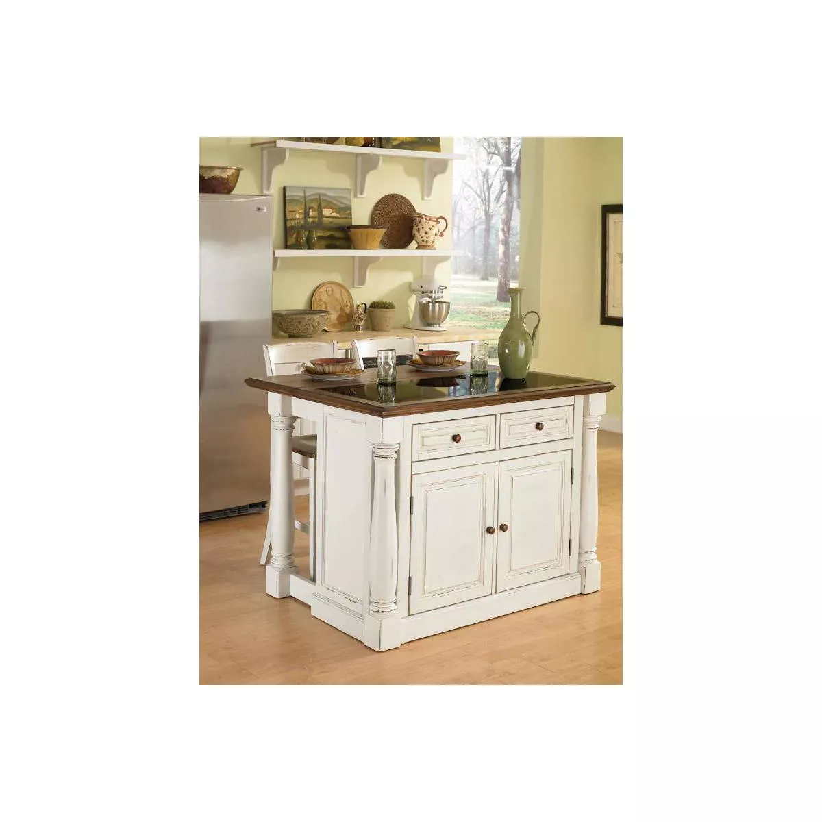 Monarch Kitchen Island and Two Stools Antique White - Home Styles
