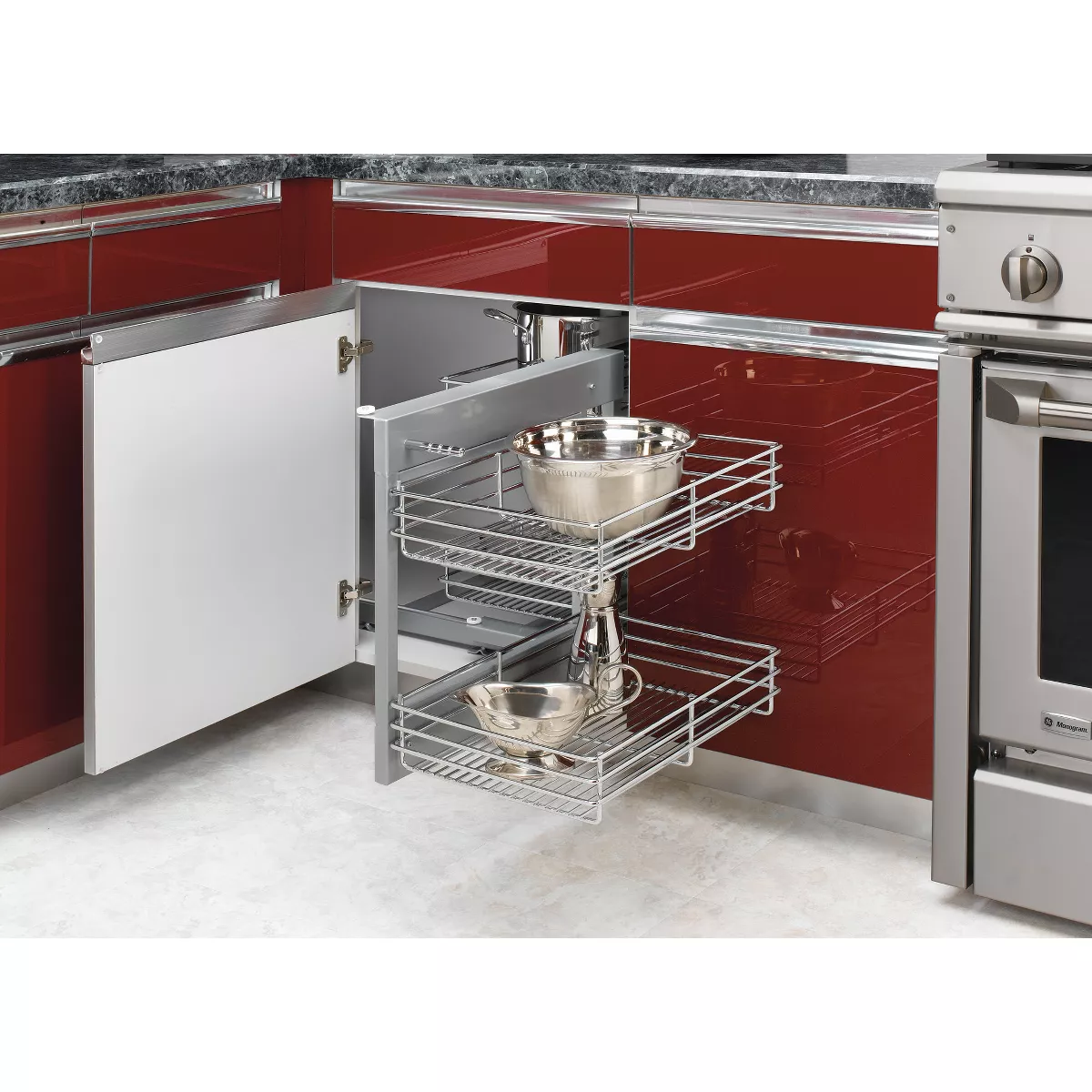Rev-A-Shelf 5PSP-15-CR 15 Inch Chrome Blind Corner 4 Shelf Slide Out Kitchen Cabinet Organizer, Silver