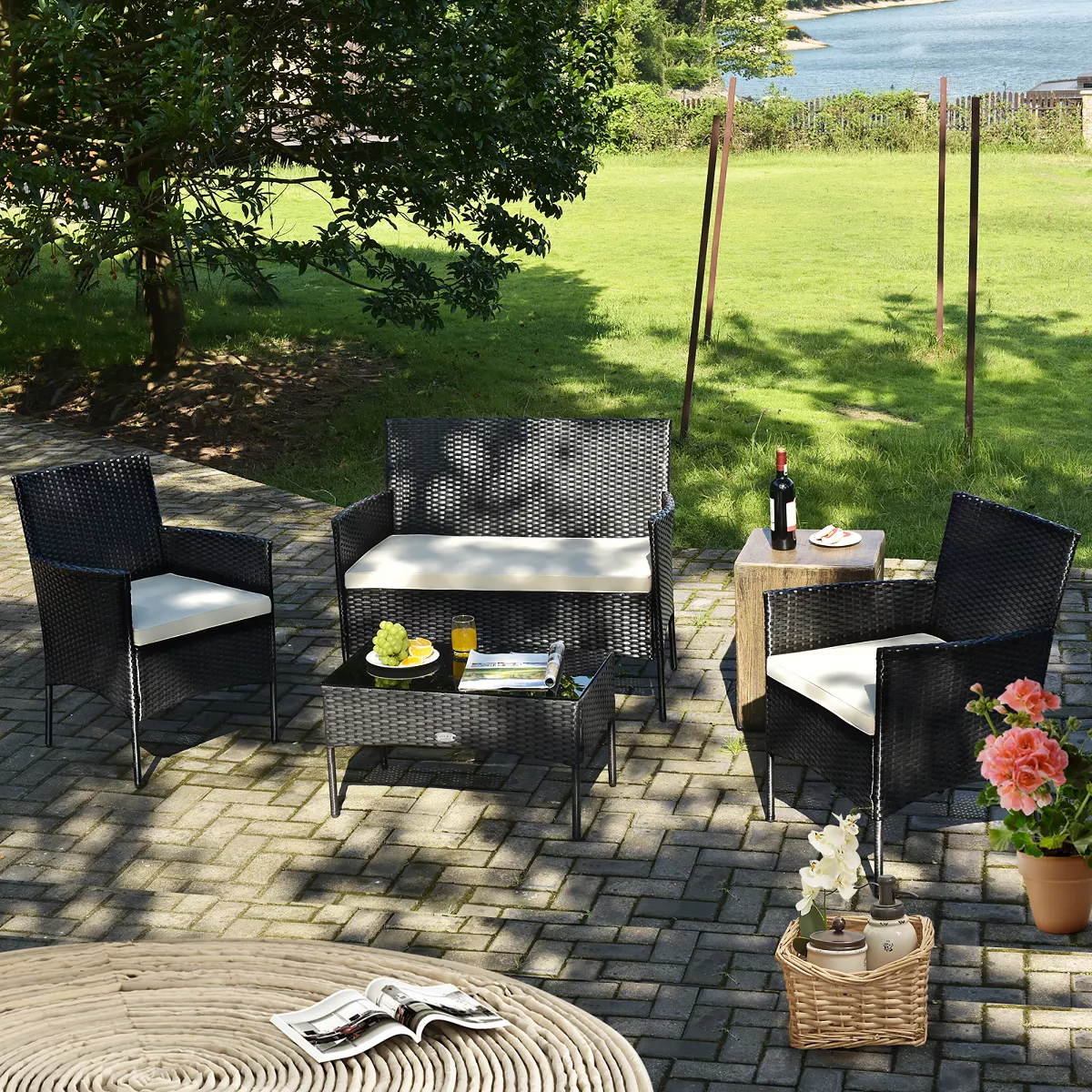 Costway 4PCS Patio Rattan Furniture Set Cushioned Sofa Coffee Table Backyard Porch