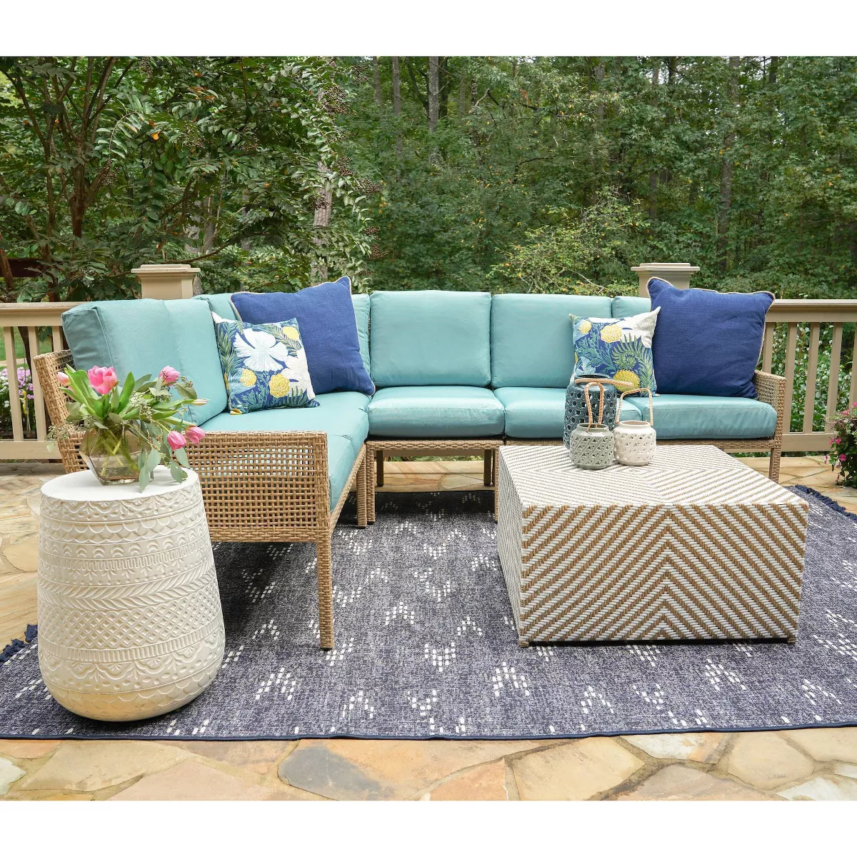 Riviera 5pc Wicker Patio Sectional Set - Blue - Leisure Made