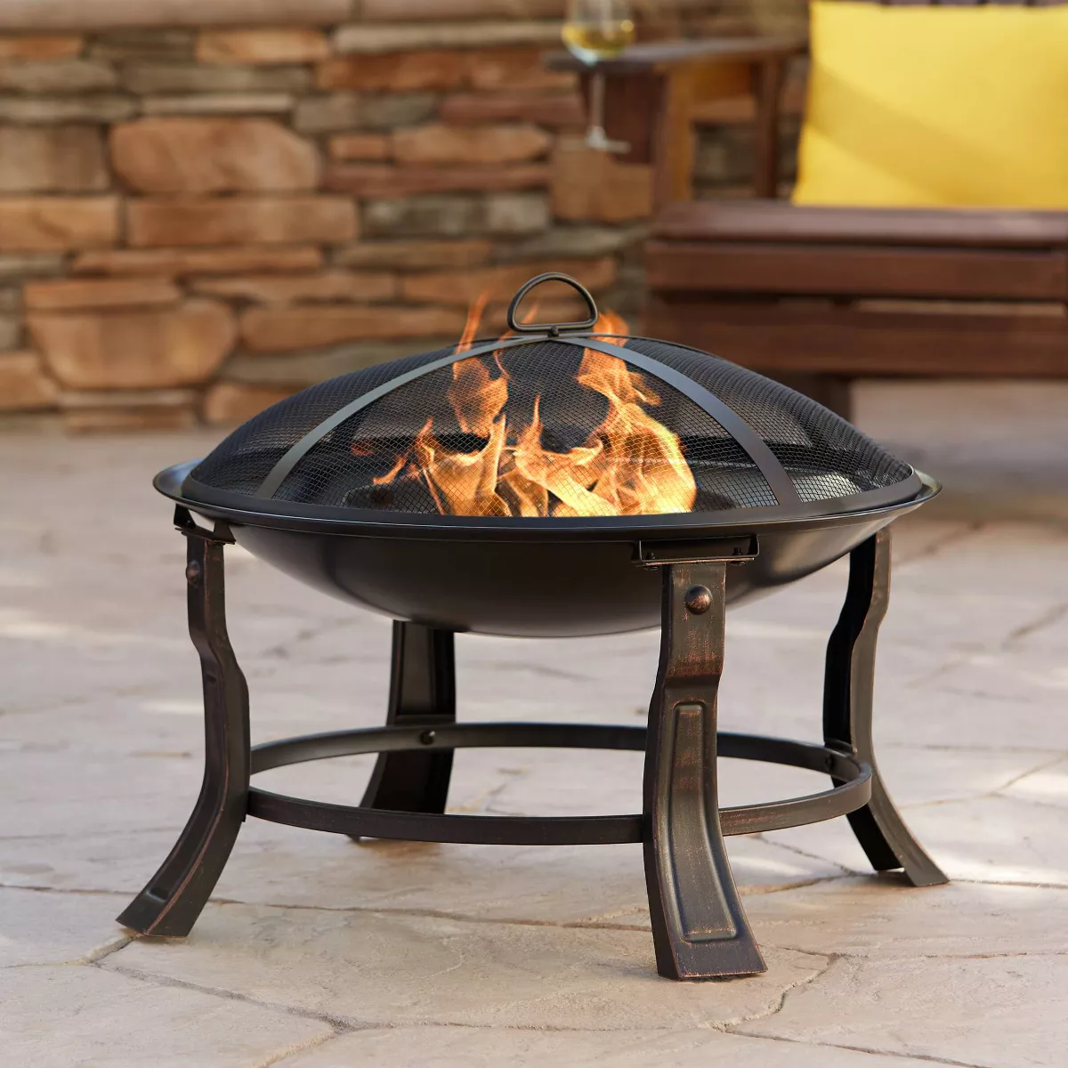 John Timberland Black Iron Outdoor Fire Pit Round 24" Steel Wood Burning with Spark Screen and fire Poker for Outside Backyard Patio Camping