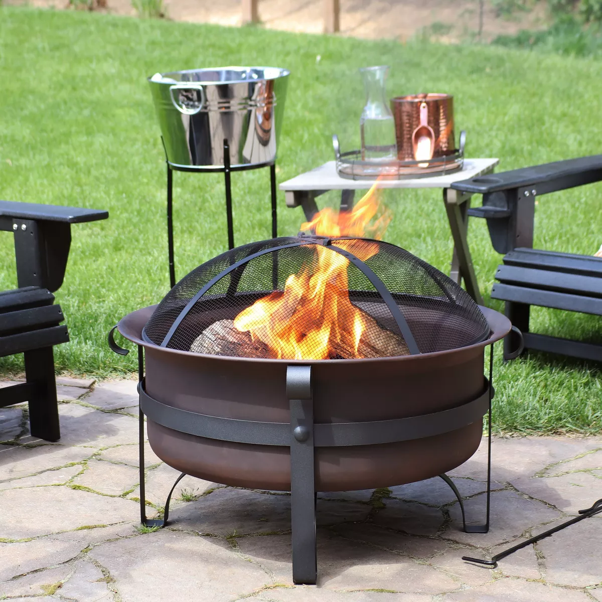 Sunnydaze Outdoor Camping or Backyard Large Round Cauldron Fire Pit Bowl with Log Poker and Spark Screen - 29