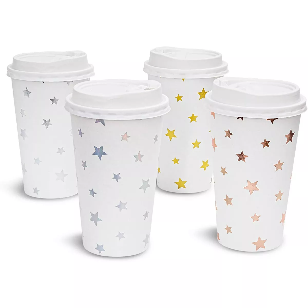 48-Pack Cute Foil Stars Insulated Disposable Coffee Cups with Lids, 16oz Paper Hot Cup to Go for Twinkle Little Star Baby Shower, Birthday, Events