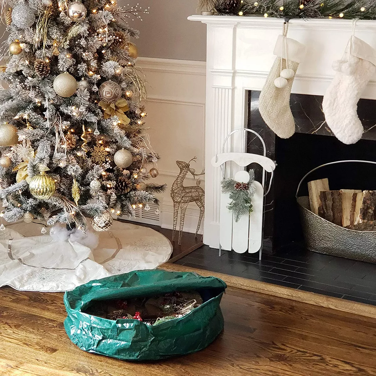 Homz 30 Inch Diameter Seasonal Holiday Organizer Christmas Wreath Polyester Woven Fabric Zippered Storage Bag Container, Green