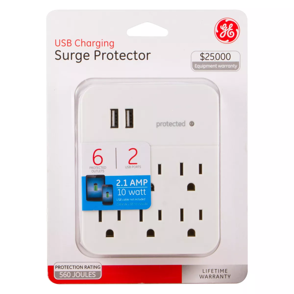 General Electric 6 Outlet 2 USB Port Surge Protector Wall Tap 560 White