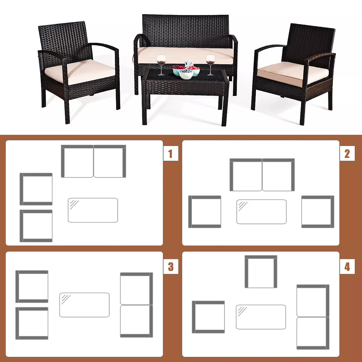 Costway 4PCS Patio Rattan Conversation Furniture Set Cushioned Seat Glass Table