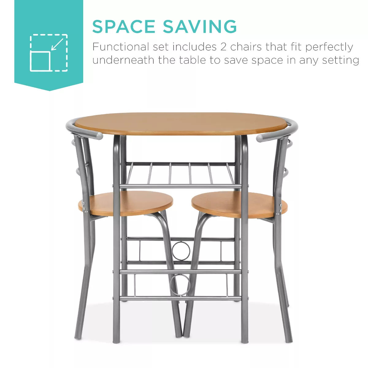 Best Choice Products 3-Piece Wood Dining Room Round Table & Chairs Set w/ Steel Frame, Built-In Wine Rack - Natural