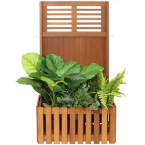 Sunnydaze Outdoor Garden Meranti Wood with Teak Oil Finish Planter Box with Privacy Screen and 2 Hooks for Hanging Basket Planters - 44