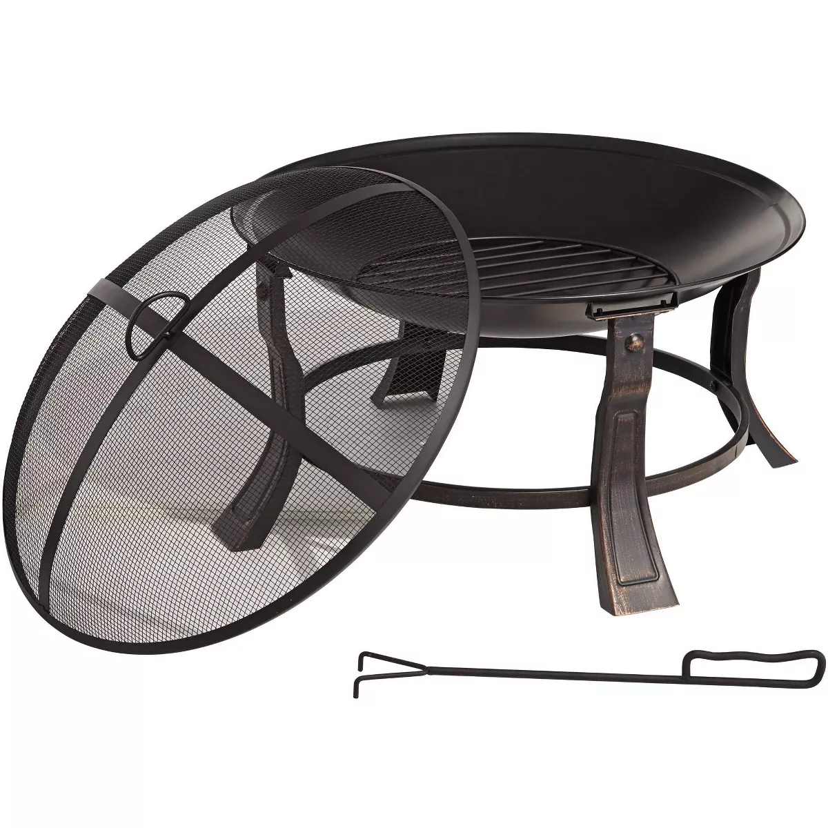 John Timberland Black Iron Outdoor Fire Pit Round 24" Steel Wood Burning with Spark Screen and fire Poker for Outside Backyard Patio Camping
