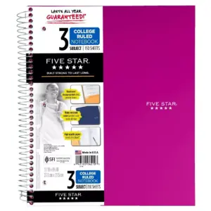 Five Star 3 Subject College Ruled Spiral Notebook (Color Will Vary)