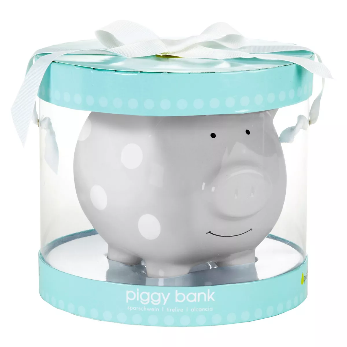 Pearhead Ceramic Piggy Bank - Gray with White Polka Dots