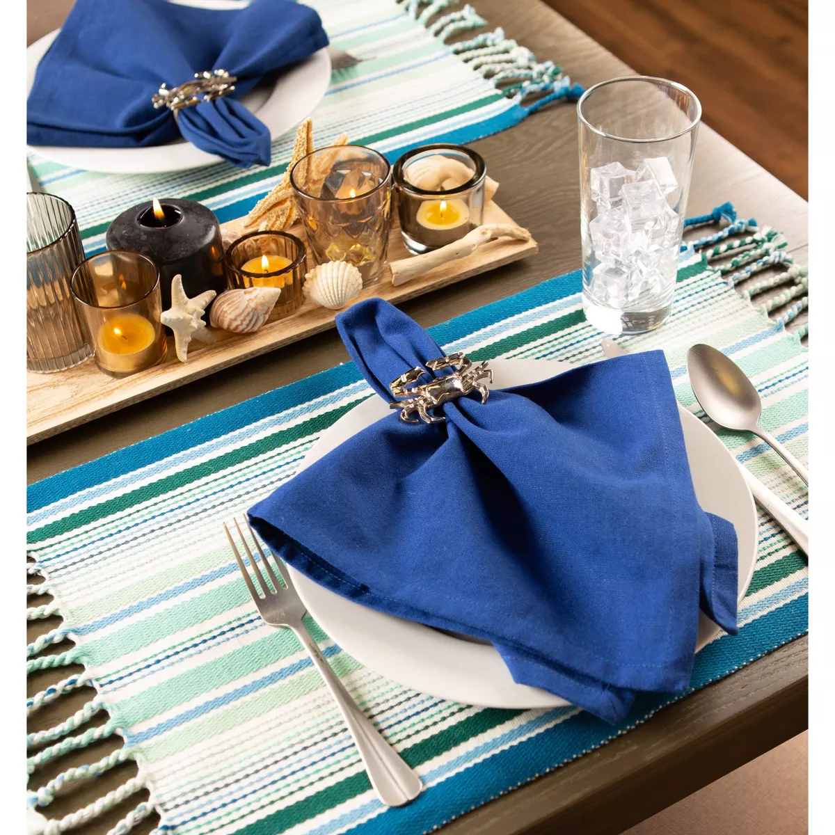 Set of 6 Tidal Stripe Fringed Placemat Blue - Design Imports