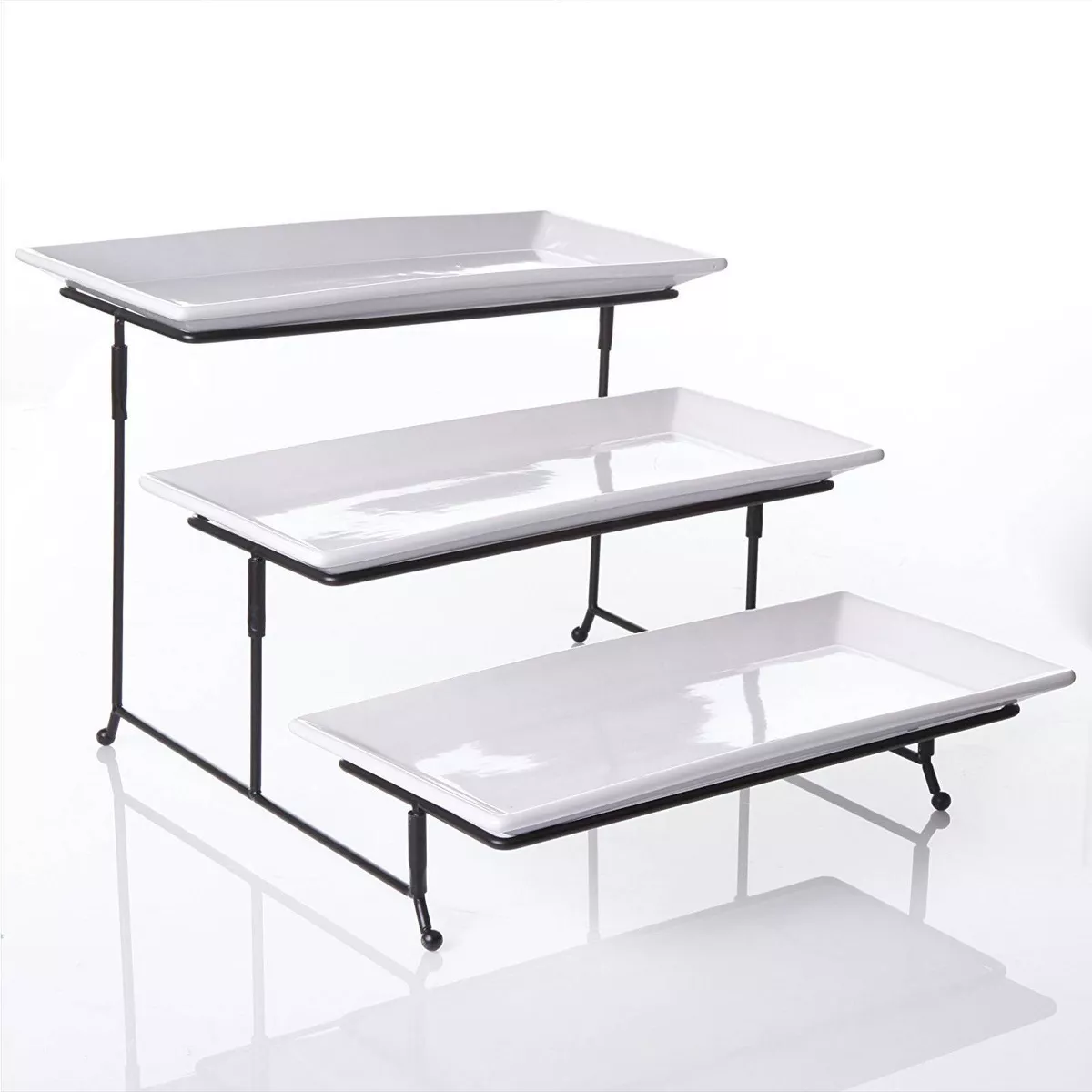 Gibson Elite Porcelain Gracious 3-Tier Serving Plate Set with Metal Stand Whote