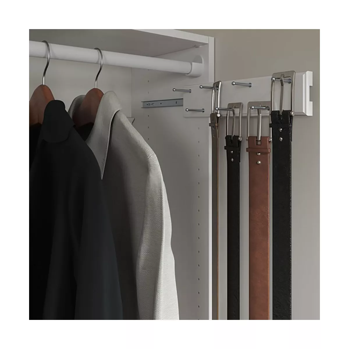 Easy Track RA1202 14 Inch Easily Accessible Composite Wood Constructed 7 Hook Sliding Wardrobe Closet Belt Rack Organizer with 21 Belt Capacity, White