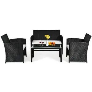 Costway 4PCS Patio Rattan Furniture Conversation Set Cushioned Sofa Coffee Table Black