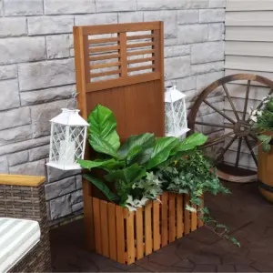 Sunnydaze Outdoor Garden Meranti Wood with Teak Oil Finish Planter Box with Privacy Screen and 2 Hooks for Hanging Basket Planters - 44