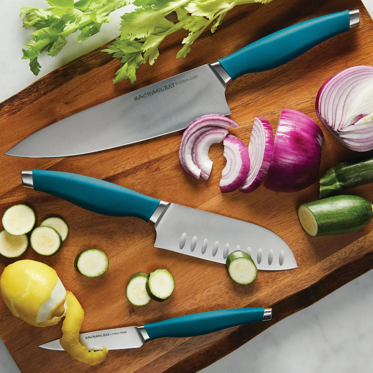Rachael Ray 3pc Stainless Steel Chef Knife Set Teal