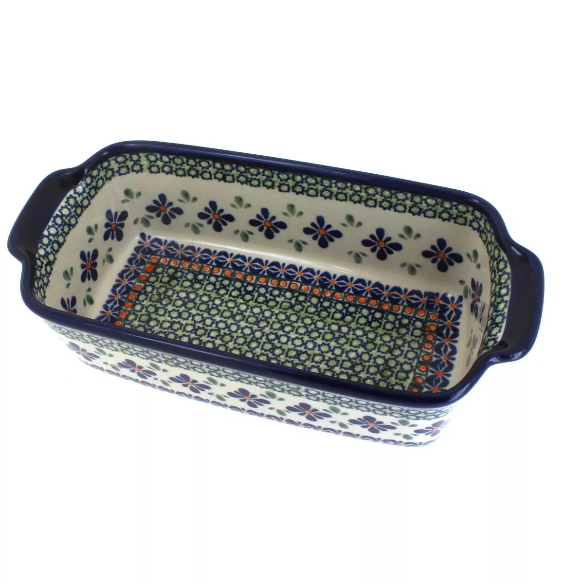 Blue Rose Polish Pottery Mosaic Flower Loaf Baker