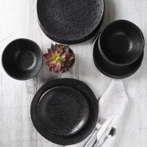 Gibson Home Yoko Elegant 12-Piece Durable Chip Resistant Melamine Dinnerware Set with 4 Dinner Plates, 4 Dessert Plates, and 4 Bowls, Matte Black