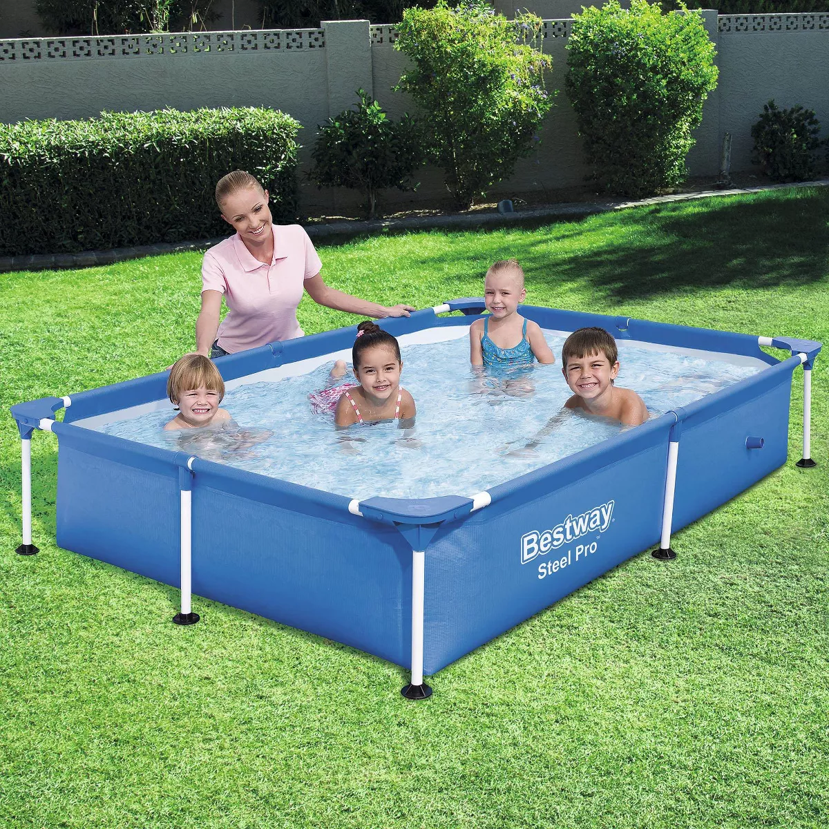 Bestway 56545E Steel Pro 7.25 x 4.9 x 1.4 Ft Outdoor Rectangular Frame Above Ground Family Kids Swimming Pool with Easy Setup, Blue