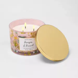 15oz Lidded Glass Jar Front Label Nature Print 3-Wick Candle Freesia and Fennel - Opalhouse™