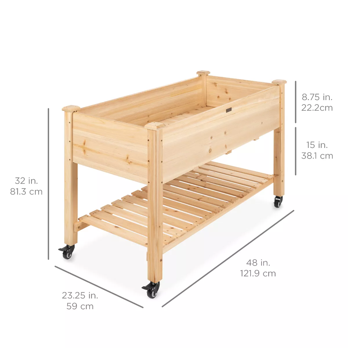 Best Choice Products Raised Garden Bed 48x24x32in Mobile Elevated Wood Planter w/ Lockable Wheels, Storage Shelf, Liner
