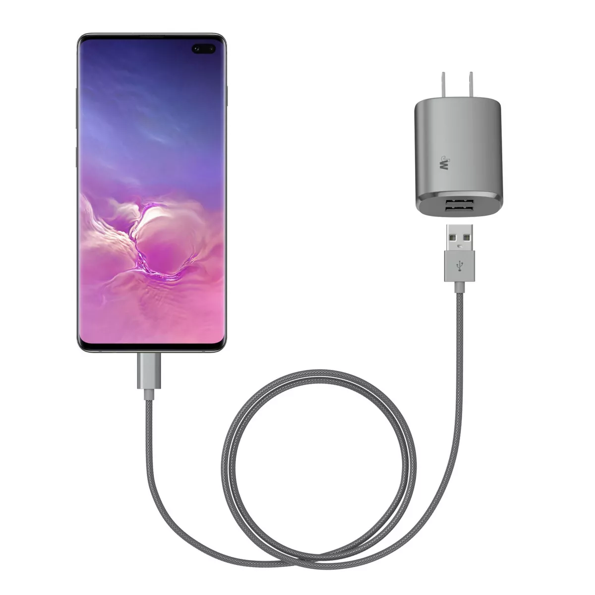Just Wireless 3.4A/17W 2-Port USB-C/USB-A Home Charger with 6ft Mesh Type-C to USB-A Cable - Gray