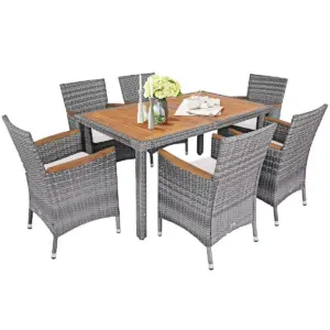 Costway 7PCS Patio Rattan Dining Set Acacia Wood Table Cushioned Chair Mix Gray