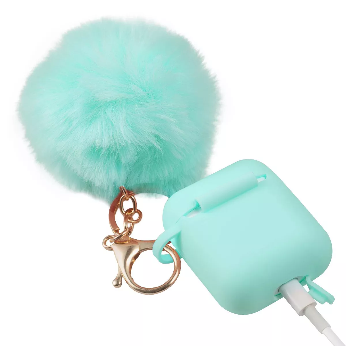 Insten Fluffy Pom Pom Case For Airpods 1 / 2, Silicone Carry Case with Keychain & Anti-Lost Strap, Soft Touch Protective Skin Cover, Green