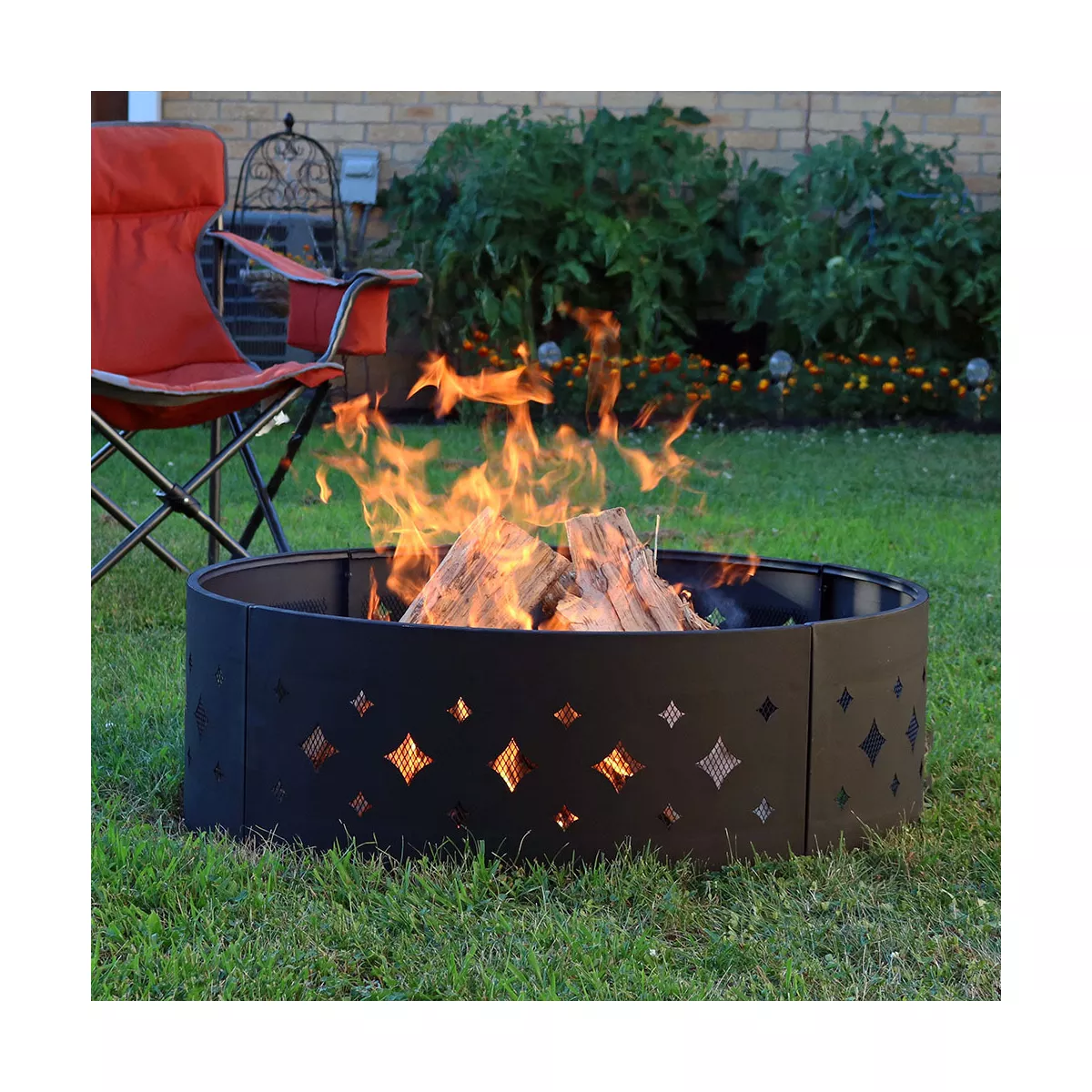 Sunnydaze Outdoor Heavy-Duty Steel Portable Large Round Diamond Cut Out Fire Pit Ring with Log Poker - 36