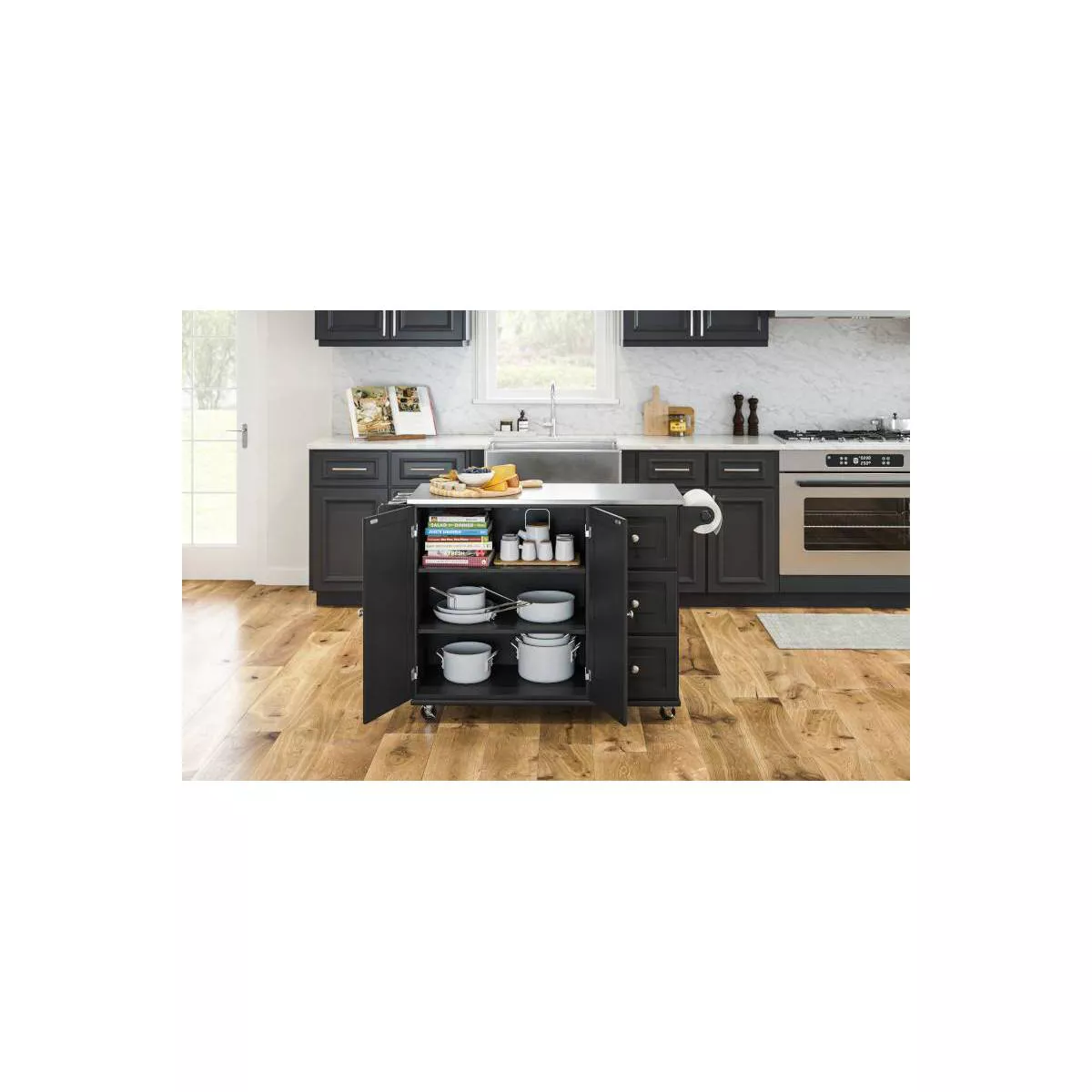 Liberty Kitchen Cart with Stainless Steel Top Black - Home Styles