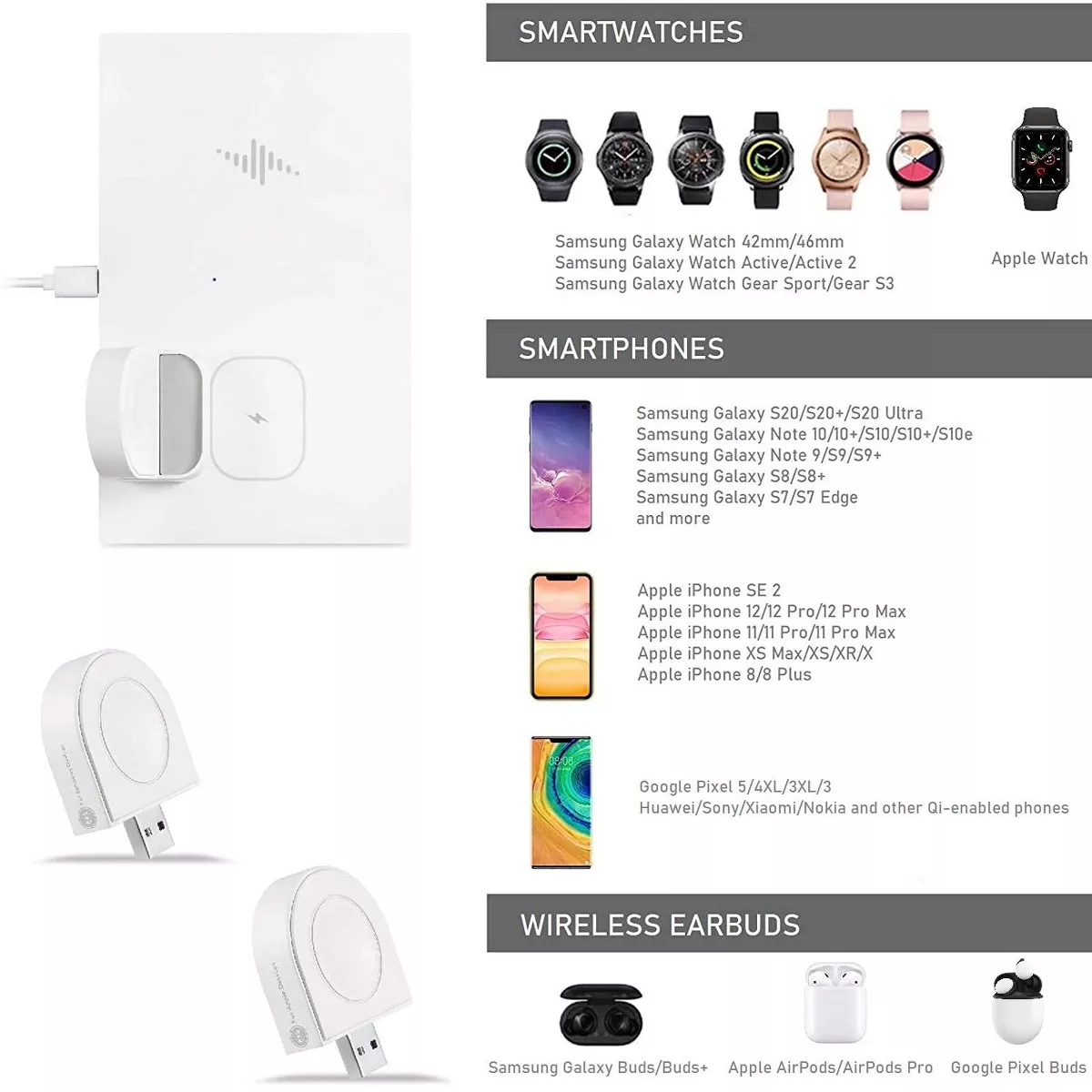 Wasserstein 3-in-1 Wireless Charger and Charging Station for Samsung Galaxy Buds/Watch/Smartphone, Apple AirPods/Apple Watch/iPhone, Google Pixel