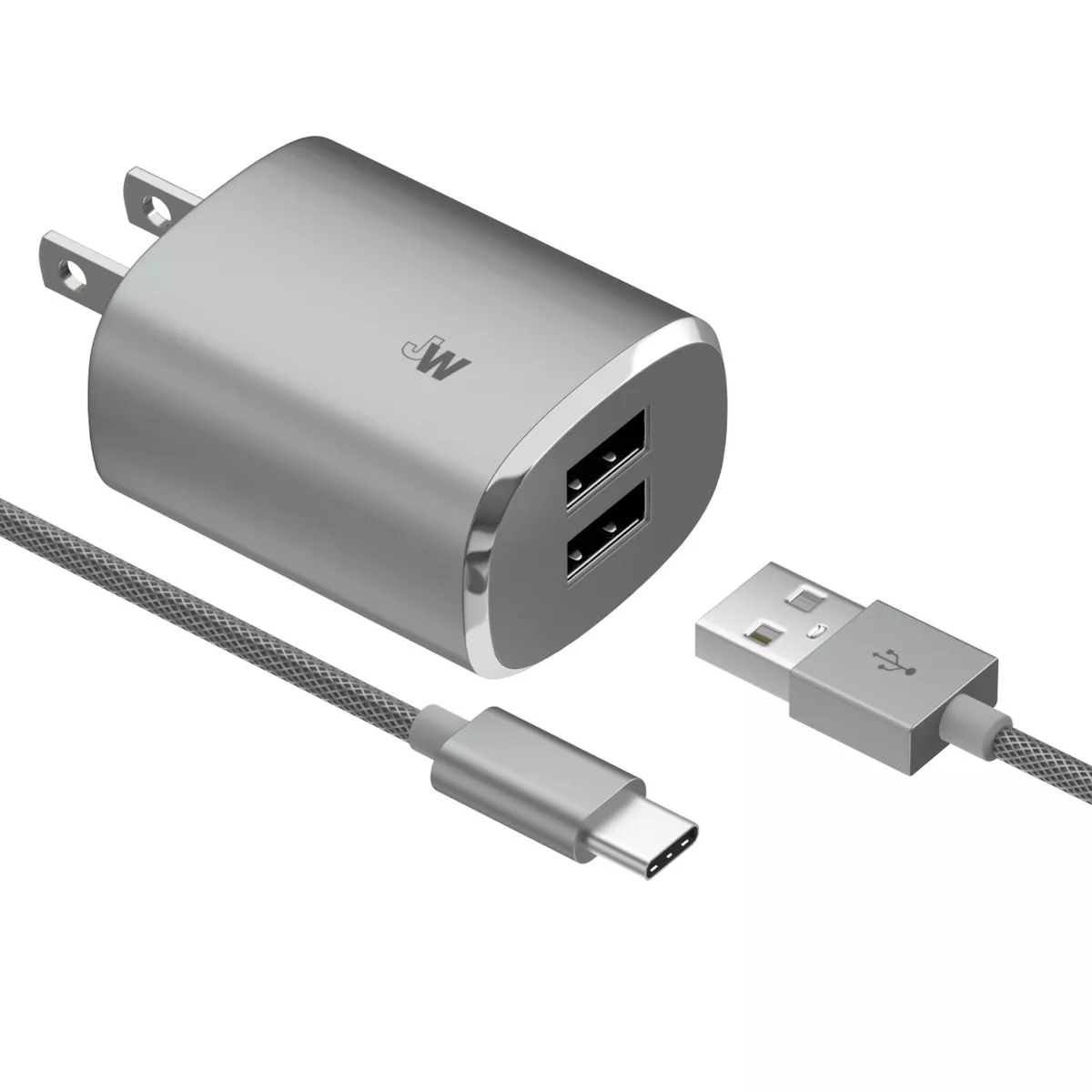 Just Wireless 3.4A/17W 2-Port USB-C/USB-A Home Charger with 6ft Mesh Type-C to USB-A Cable - Gray
