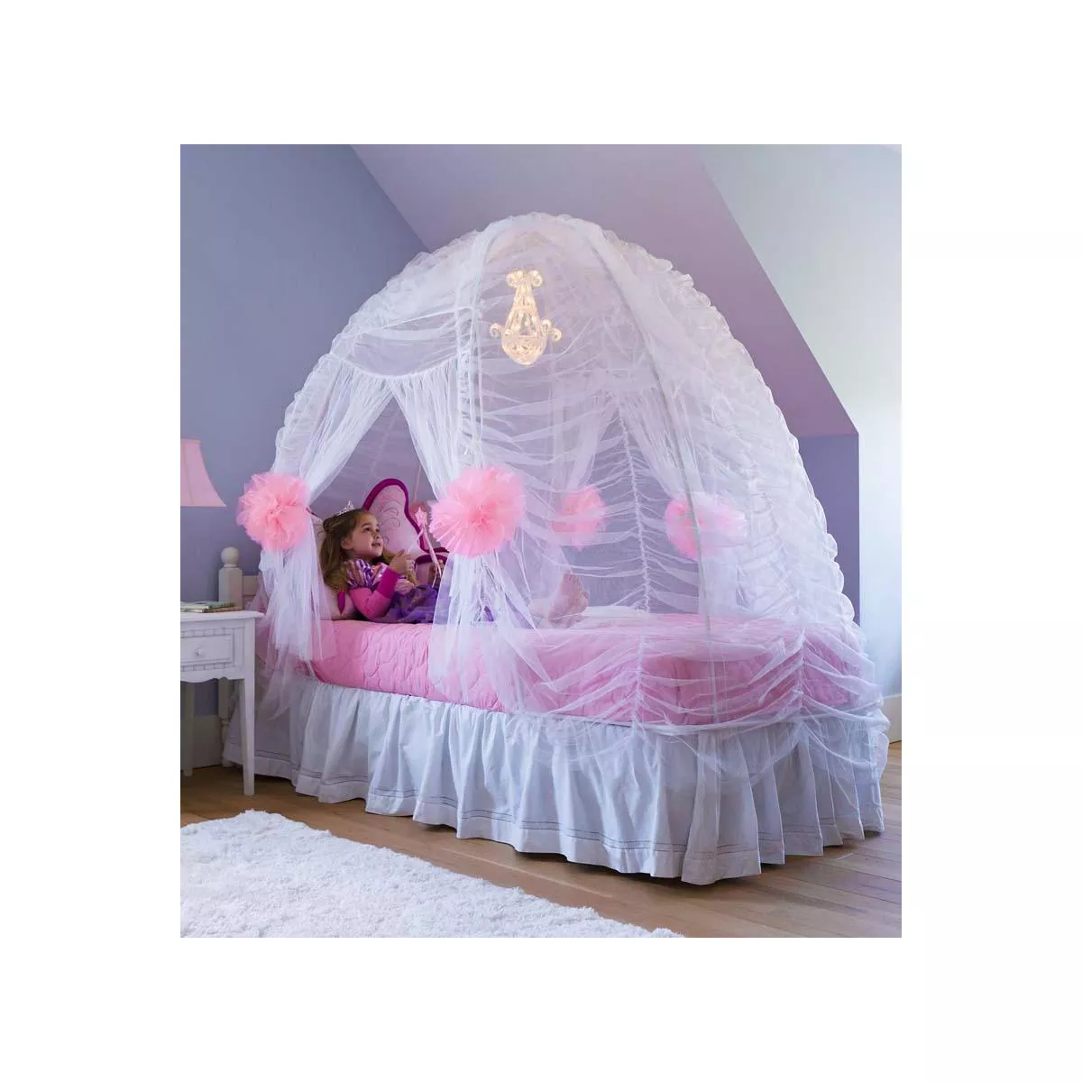 HearthSong - Kids Fairy-Tale Twing Bed Tent Canopy With Light-Up Beaded Chandelier, White