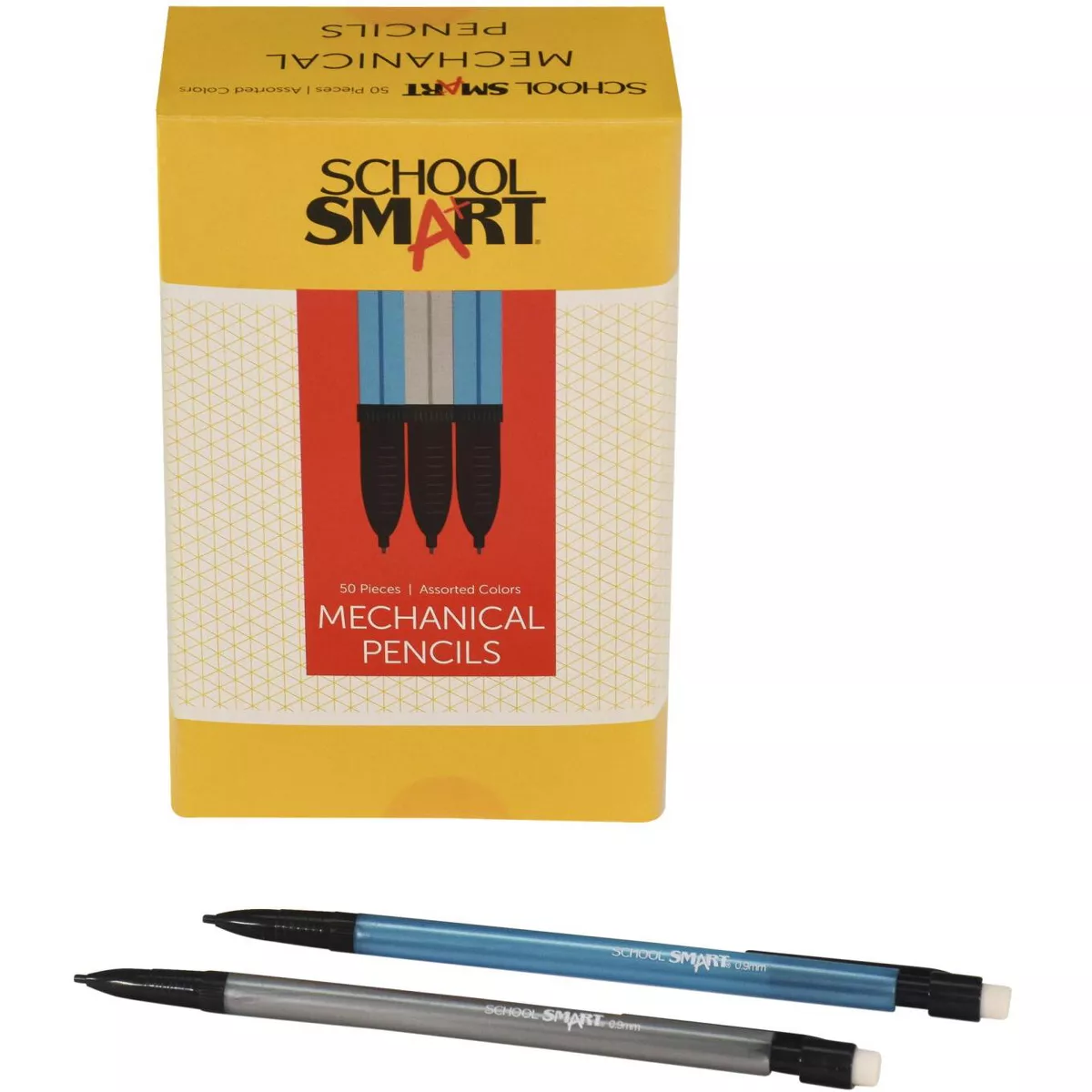 School Smart Mechanical Pencil with Eraser, 0.9 mm Tip, No 2 Lead, Assorted Colors, pk of 50