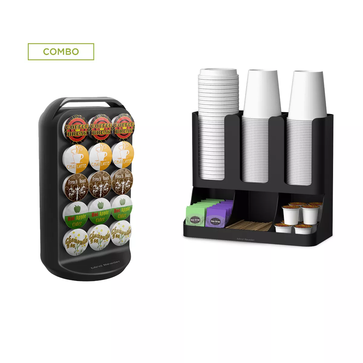 Mind Reader 2-Piece Coffee Condiments and Cups Caddy and Coffee Capsule Carousel, Capacity 30 Coffee Pods, Black