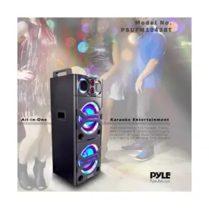 Pyle PSUFM1043BT 200 Watt Portable Outdoor Bluetooth Speaker Karaoke System with Flashing Party Lights and Wireless Microphone Included