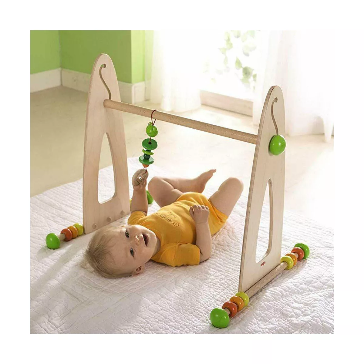 HABA Color Fun Play Gym - Wooden Activity Center with Adjustable Height, Sliding Discs and Dangling Frog