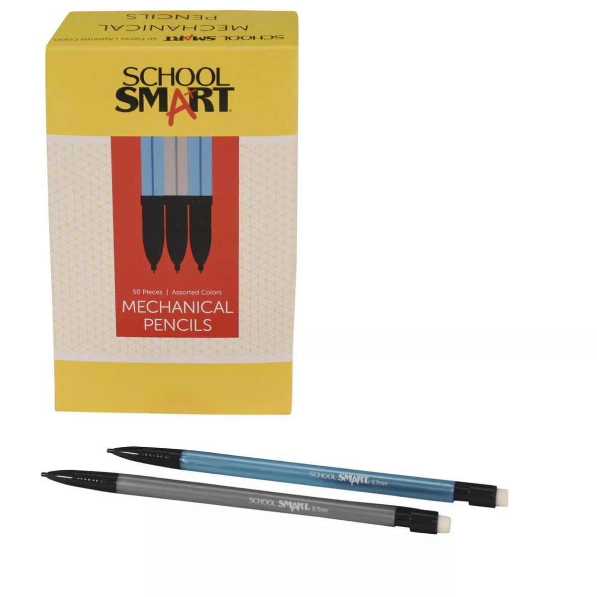 School Smart Mechanical Pencil with Eraser, 0.7 mm Tip, No 2 Lead, Assorted Colors, pk of 50
