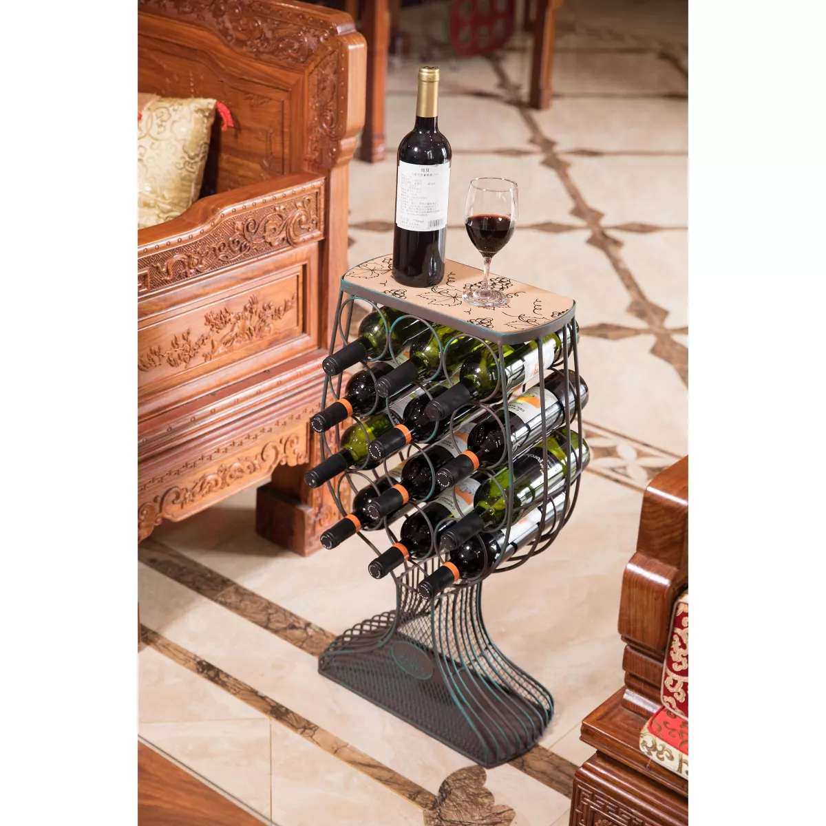 Vintiquewise Vintage Decorative Wooden Metal Goblet Shaped Freestanding Wine Rack with Cork Holder