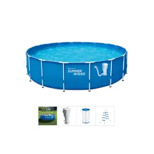 Summer Waves Active 14 Foot x 36 Inch Metal Frame Outdoor Backyard Above Ground Swimming Pool Set with Filter Pump, Ladder, and Repair Patch