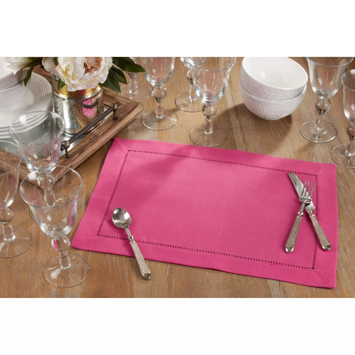 12pk Polyester Hemstitched Border Placemats Pink - Saro Lifestyle